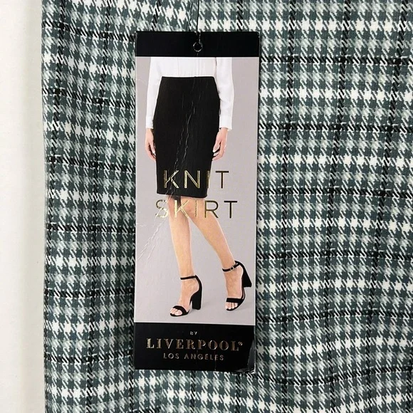 NWT Liverpool Bia Knit Pencil Skirt Herringbone Plaid Blue Gray White 8 - Picture 5 of 11
